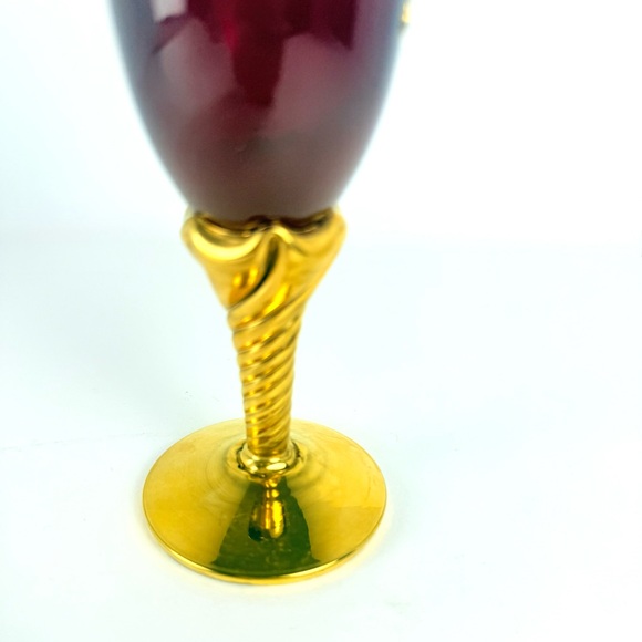 VTG Murano Venetian Ruby Glass & 24K Gold Paint 11” Hand Painted Floral Bud Vase - Picture 10 of 16